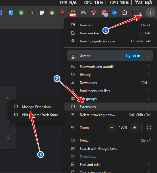 Manage extensions screenshot