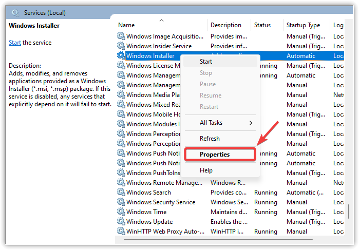 Service properties window in Windows