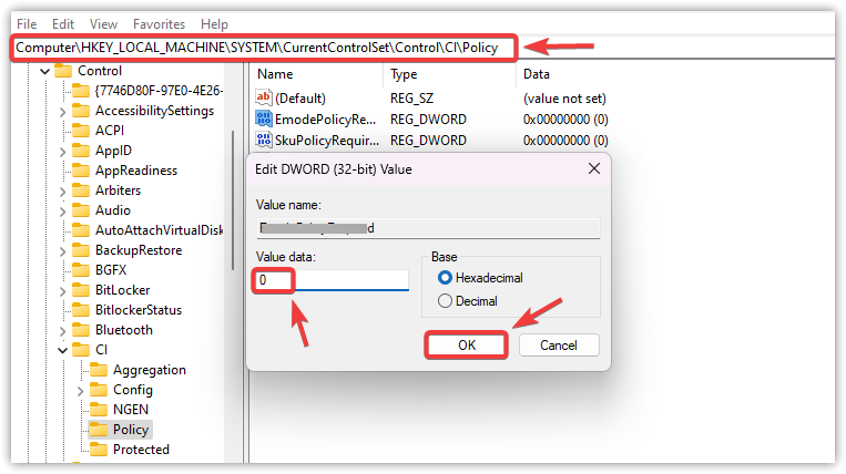Windows Registry Editor showing the CI\Policy path with the DevOverrideEnable entry set to 0.
