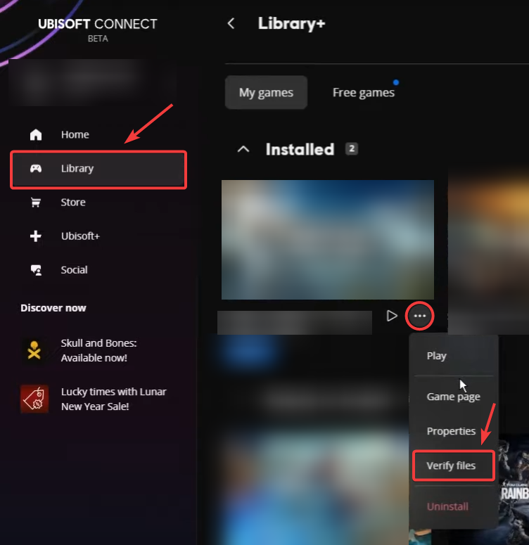 Ubisoft Connect Verify files option for Rainbow Six Siege