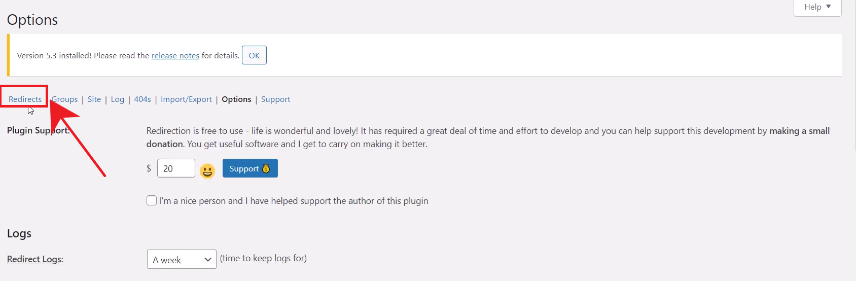 Redirects option in plugin