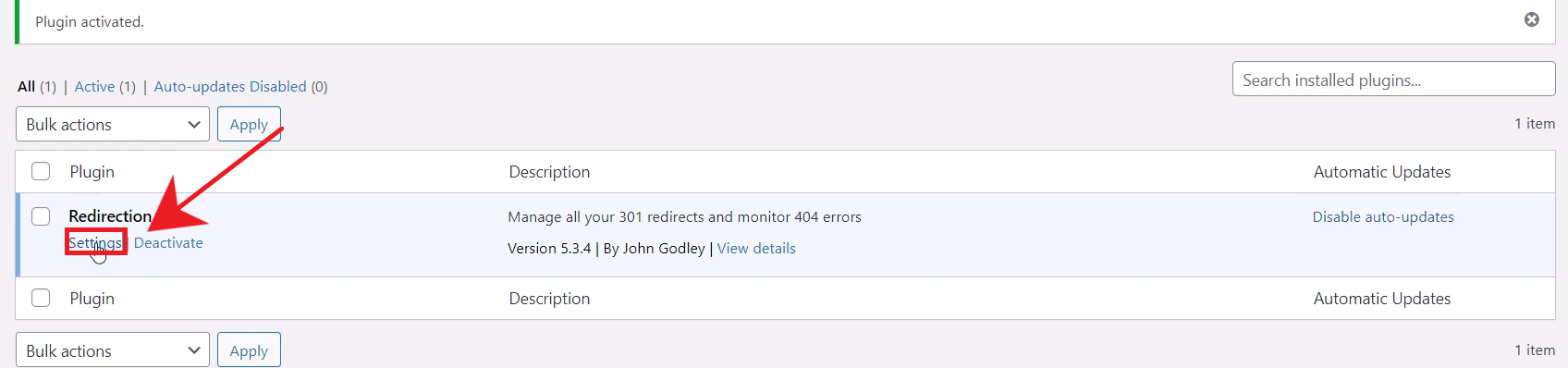 Redirection plugin settings