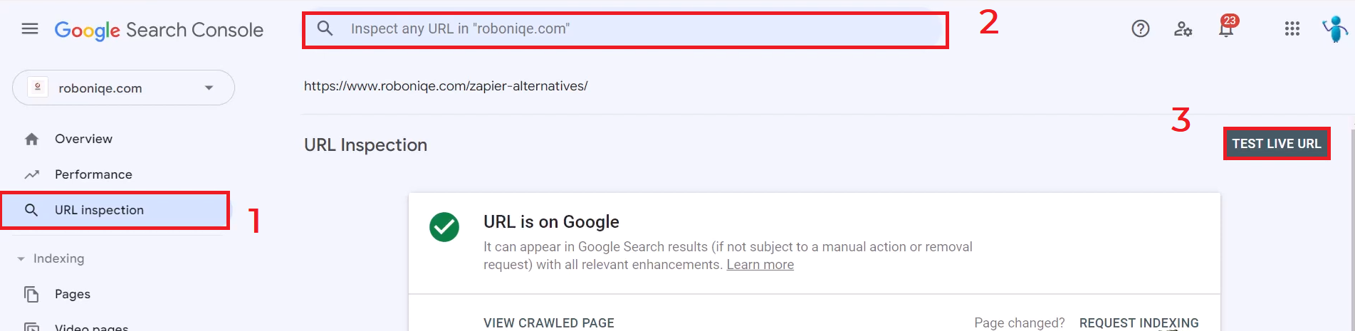 URL Inspection test in Google Search Console