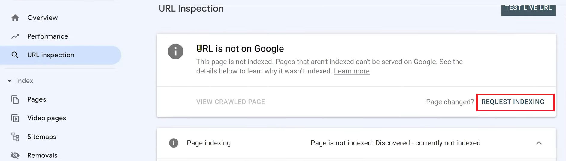 Request indexing in Google Search Console