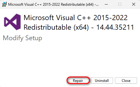 Repair Visual C++ Redistributable