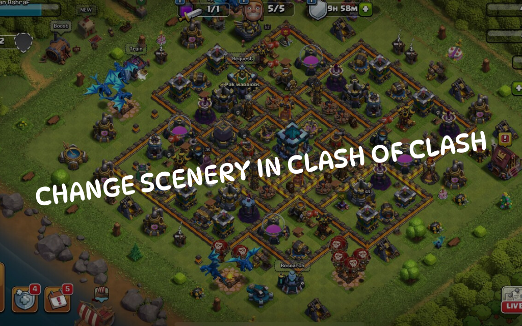 Clash of Clans village with custom scenery option highlighted, showing how players can change scenery backgrounds in the game.