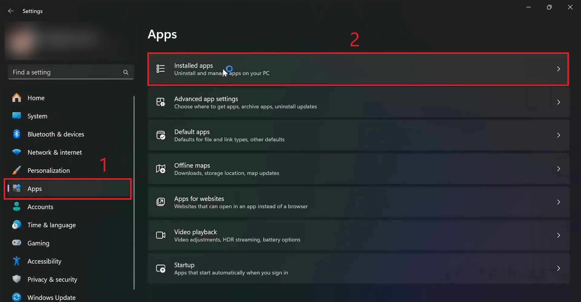Installed Apps menu in Windows Settings