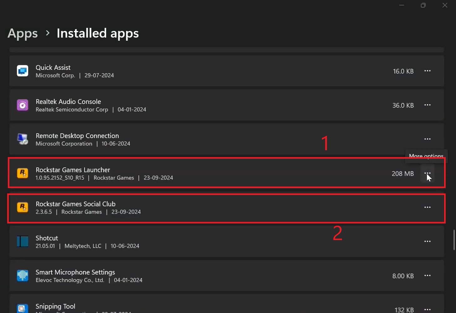 Uninstalling Social Club from Installed Apps