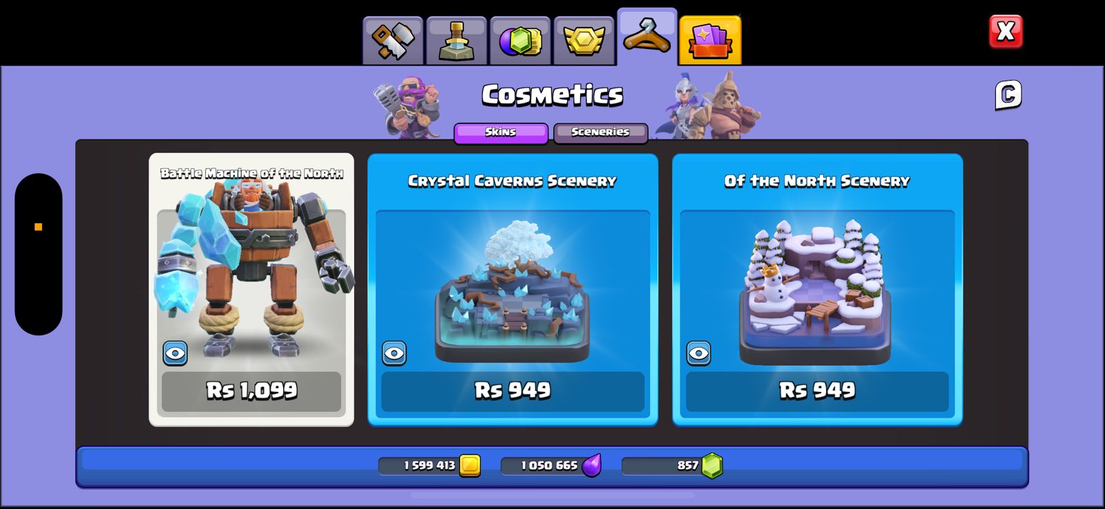 Clash of Clans Cosmetics shop displaying purchasable sceneries including Crystal Caverns and Of the North Scenery.