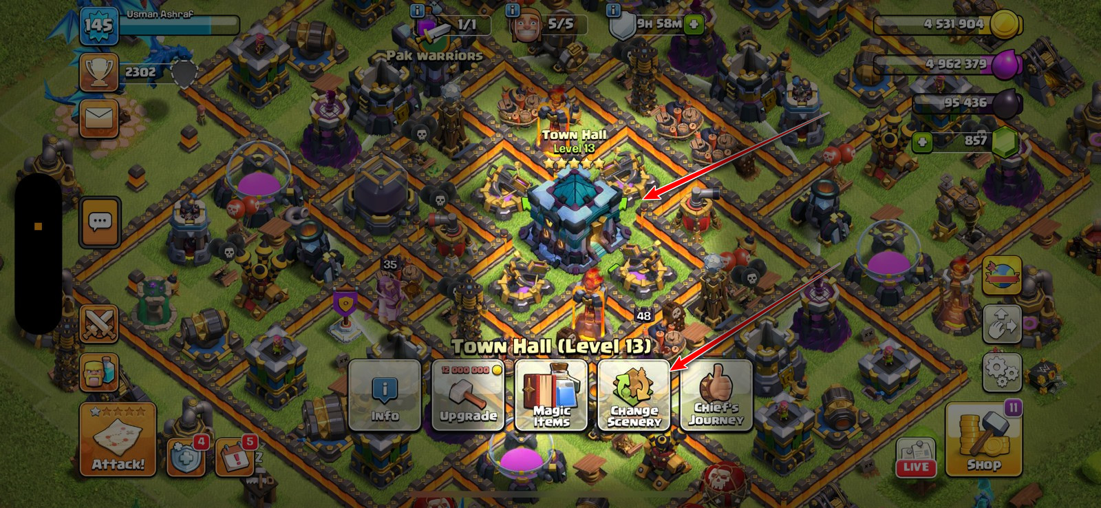 Clash of Clans Town Hall menu showing the Change Scenery option highlighted for switching village backgrounds.