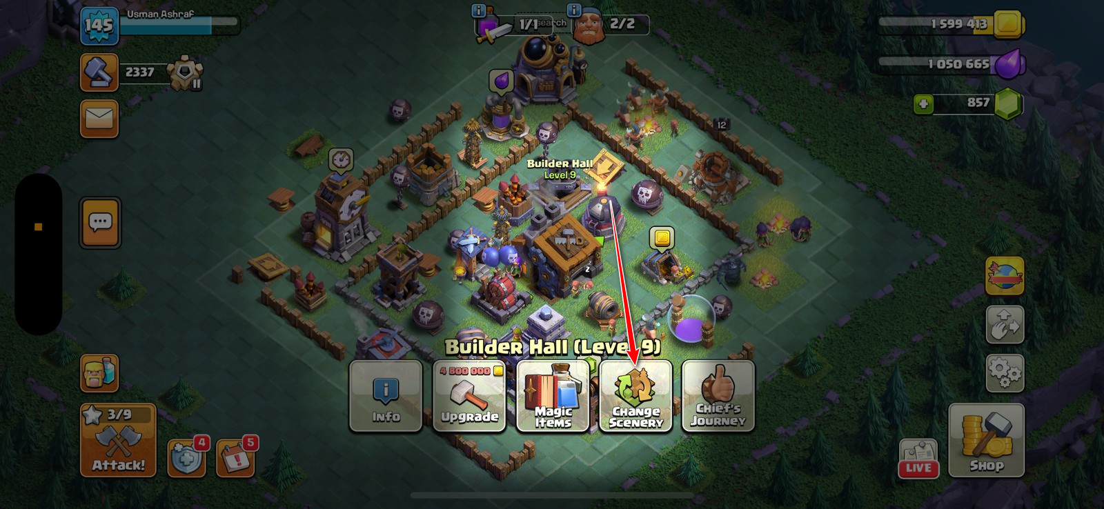 Clash of Clans Builder Hall level 9 with the Change Scenery option highlighted in the menu.