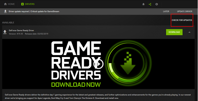 Check for updates in Nvidia app
