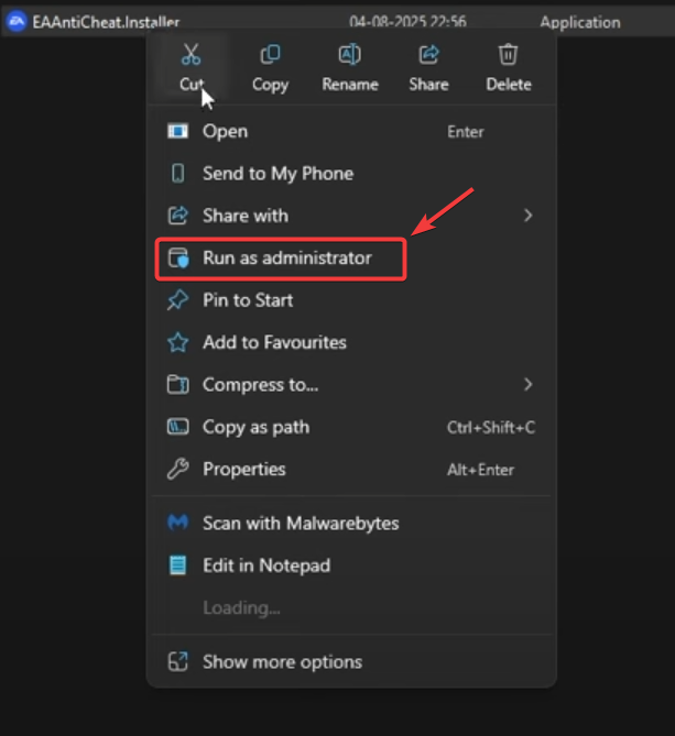 Run EAAntiCheat installer as administrator