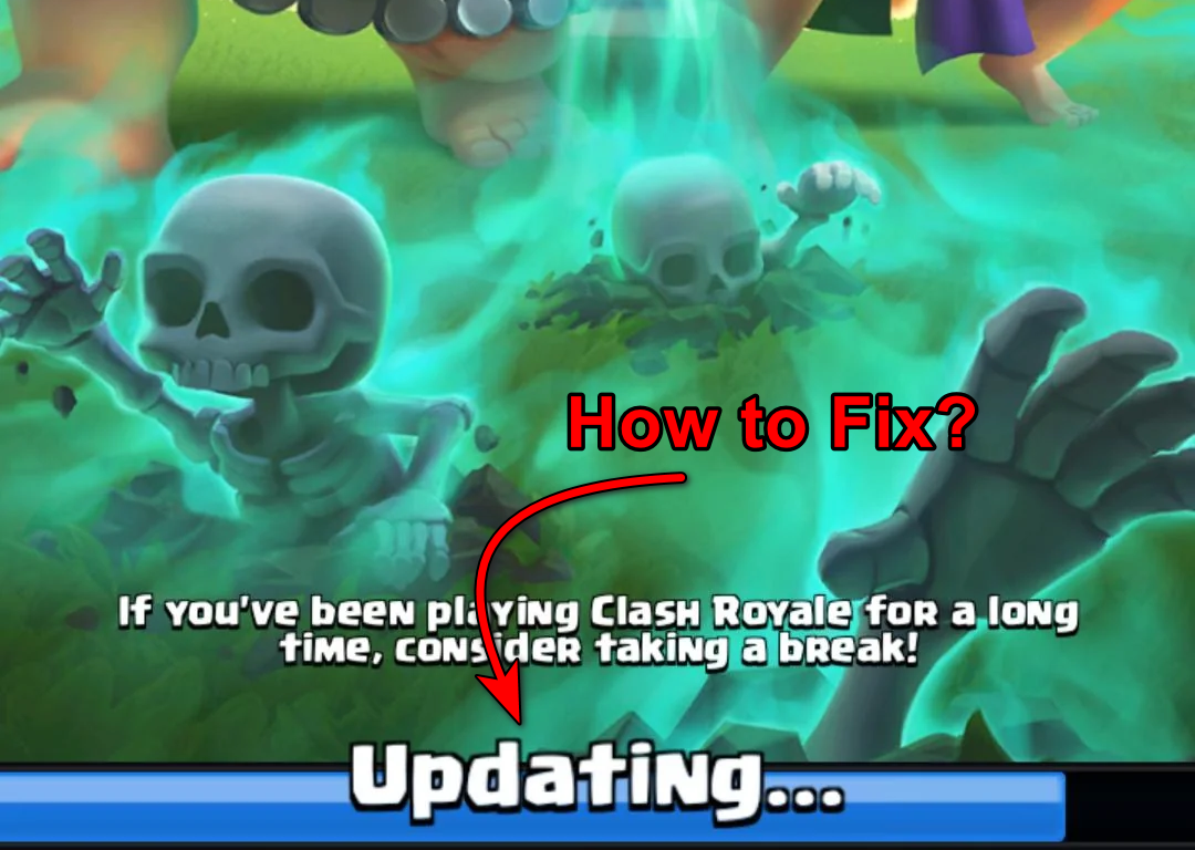 Clash Royale loading screen showing skeletons with the updating message, highlighting the stuck update problem players are trying to fix.