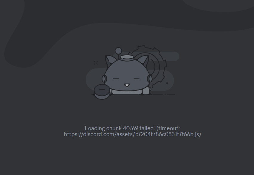 Discord error screen showing "Loading chunk 40769 failed" due to a timeout issue.