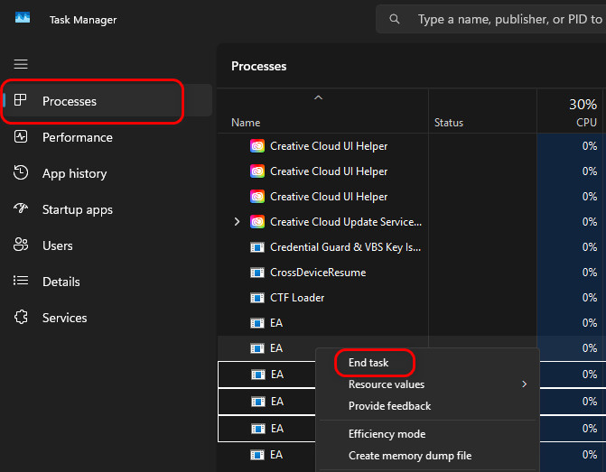 End EA process in Task Manager