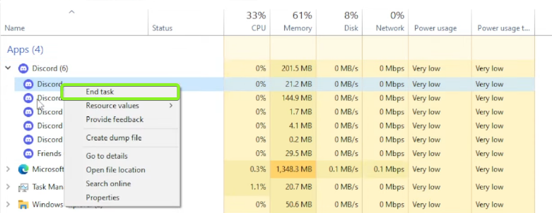 Ending Discord processes in Task Manager