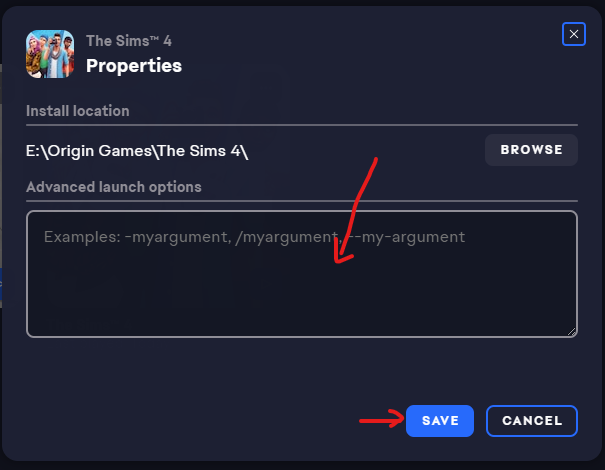 EA App launch options Sims 4