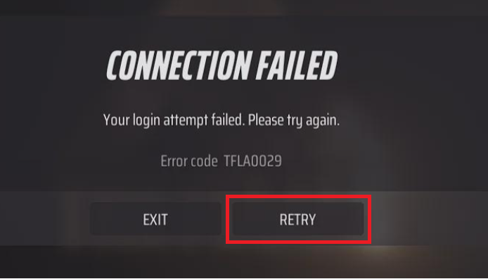 Retry button on TFLA0029 error screen