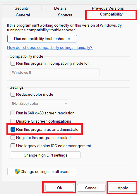Windows Compatibility tab showing Run this program as an administrator.