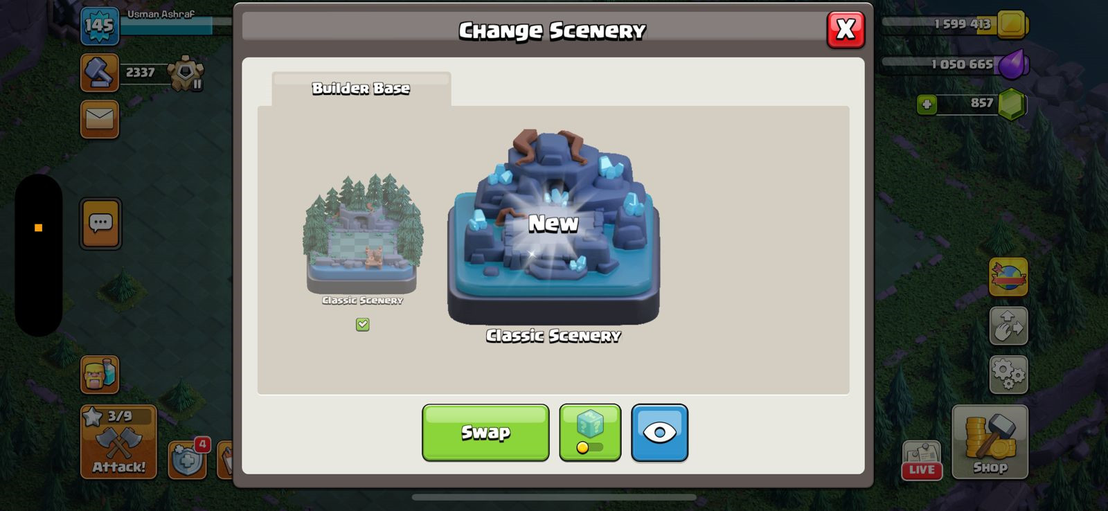 Clash of Clans Builder Base Change Scenery menu showing a newly unlocked scenery with the Swap option.
