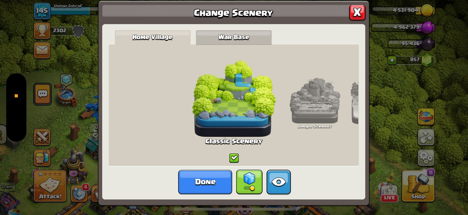 Clash of Clans Change Scenery menu showing Classic Scenery selected and Jungle Scenery locked.