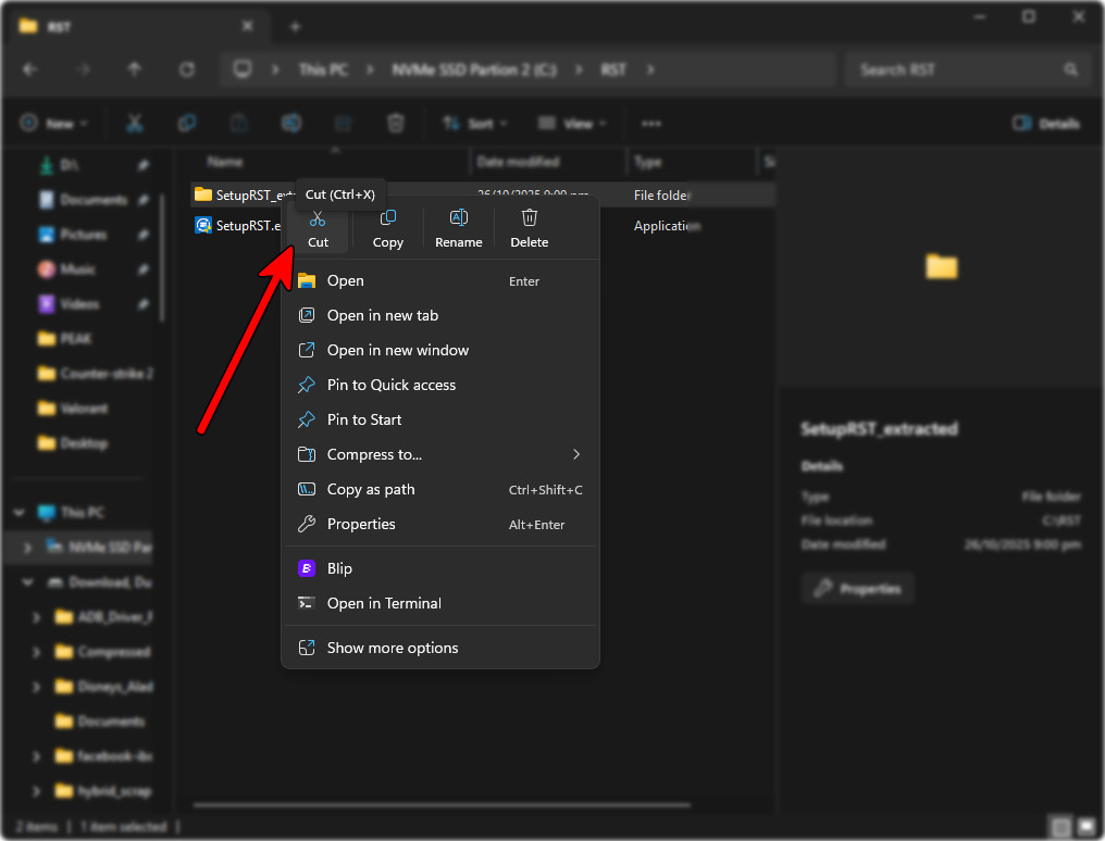 Copying the extracted RST folder to USB