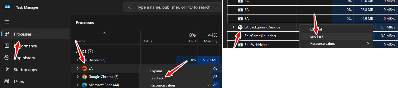 Ending EA processes in Task Manager