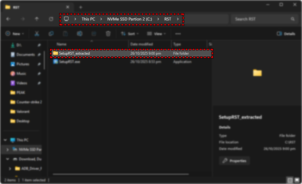Extracted RST folder containing INF and SYS files