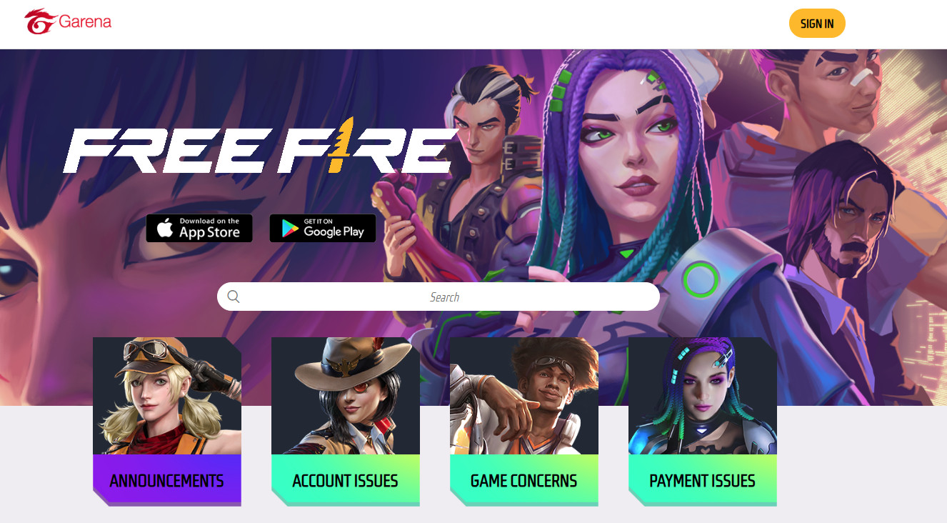 Garena Free Fire support page