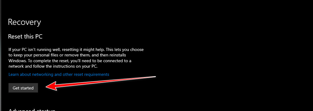 Click Get Started to begin the Windows reset process