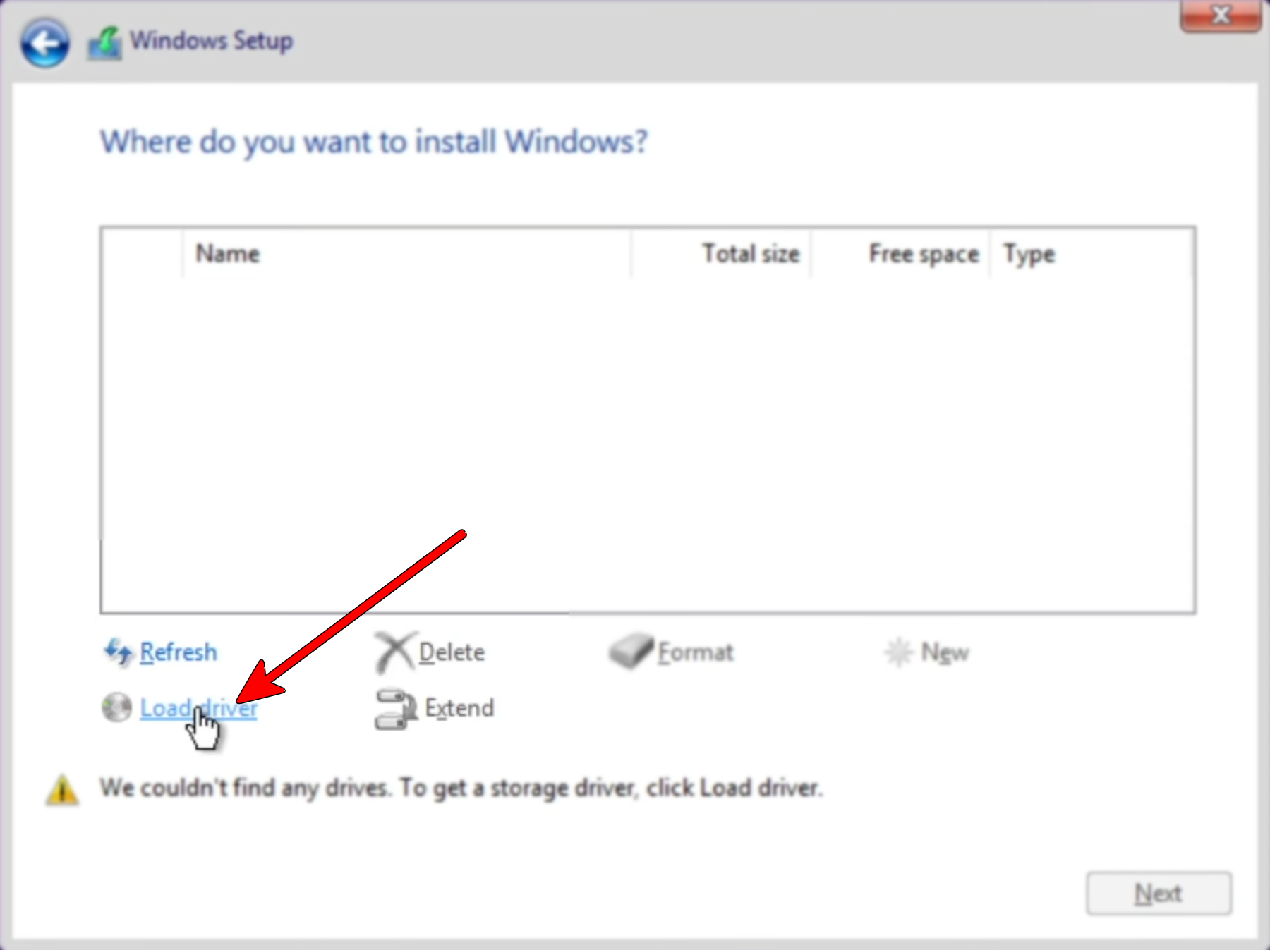 Load Driver option in Windows Setup