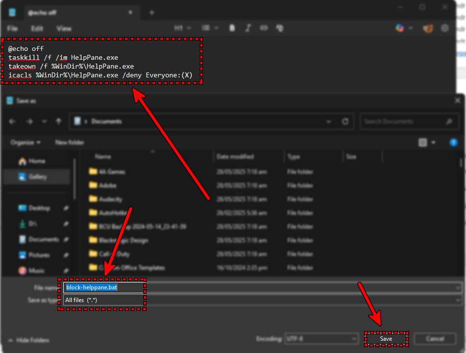 Saving the helppane hotkey blocking batch script