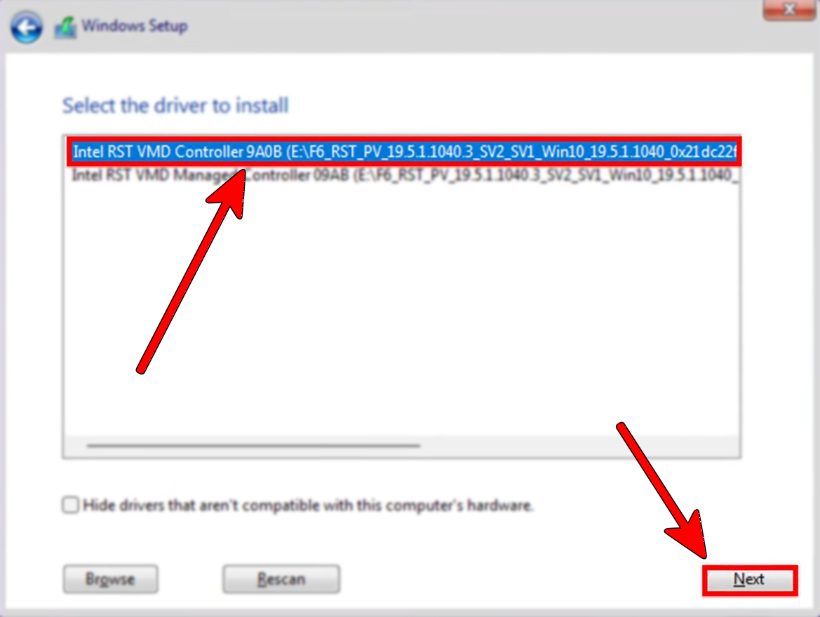 Selecting the RST driver to install