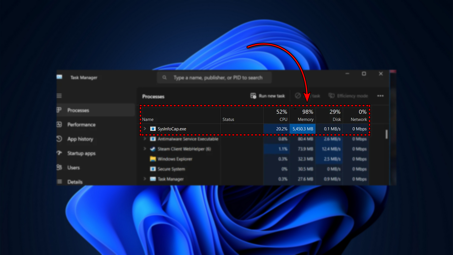 Task Manager showing SysInfoCap.exe consuming high memory usage in Windows, causing system slowdowns.