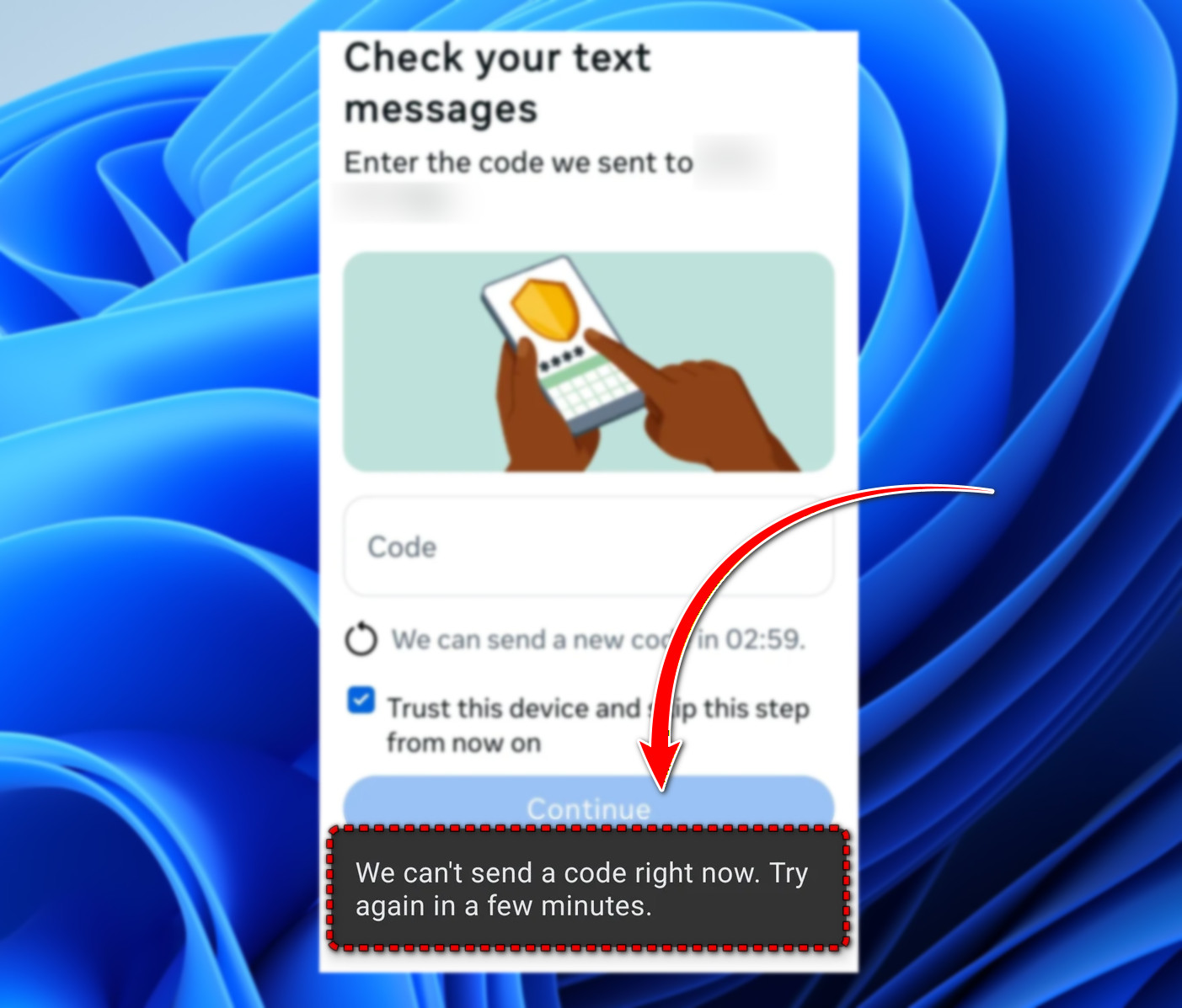 We can't send a code error on Facebook