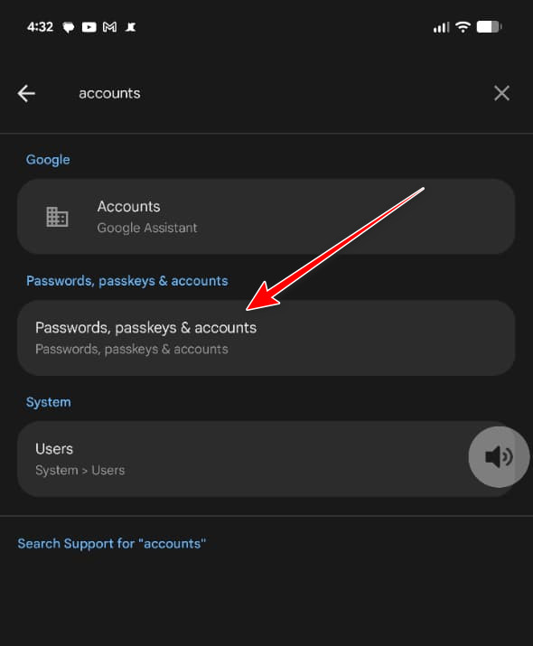 Search for Accounts in Android settings