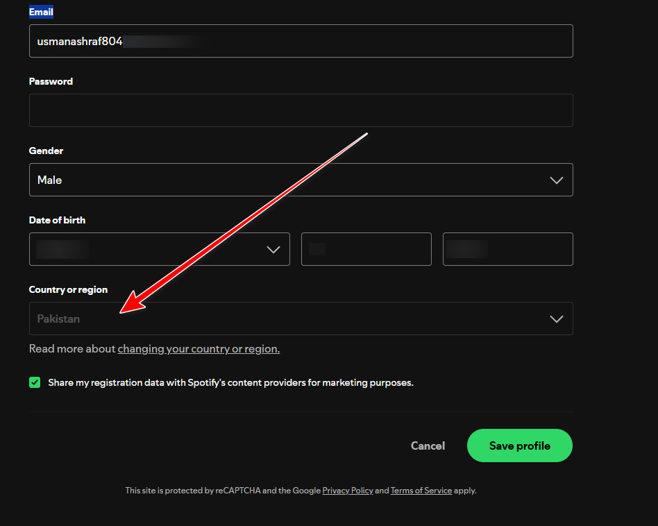 Spotify change country or region dropdown