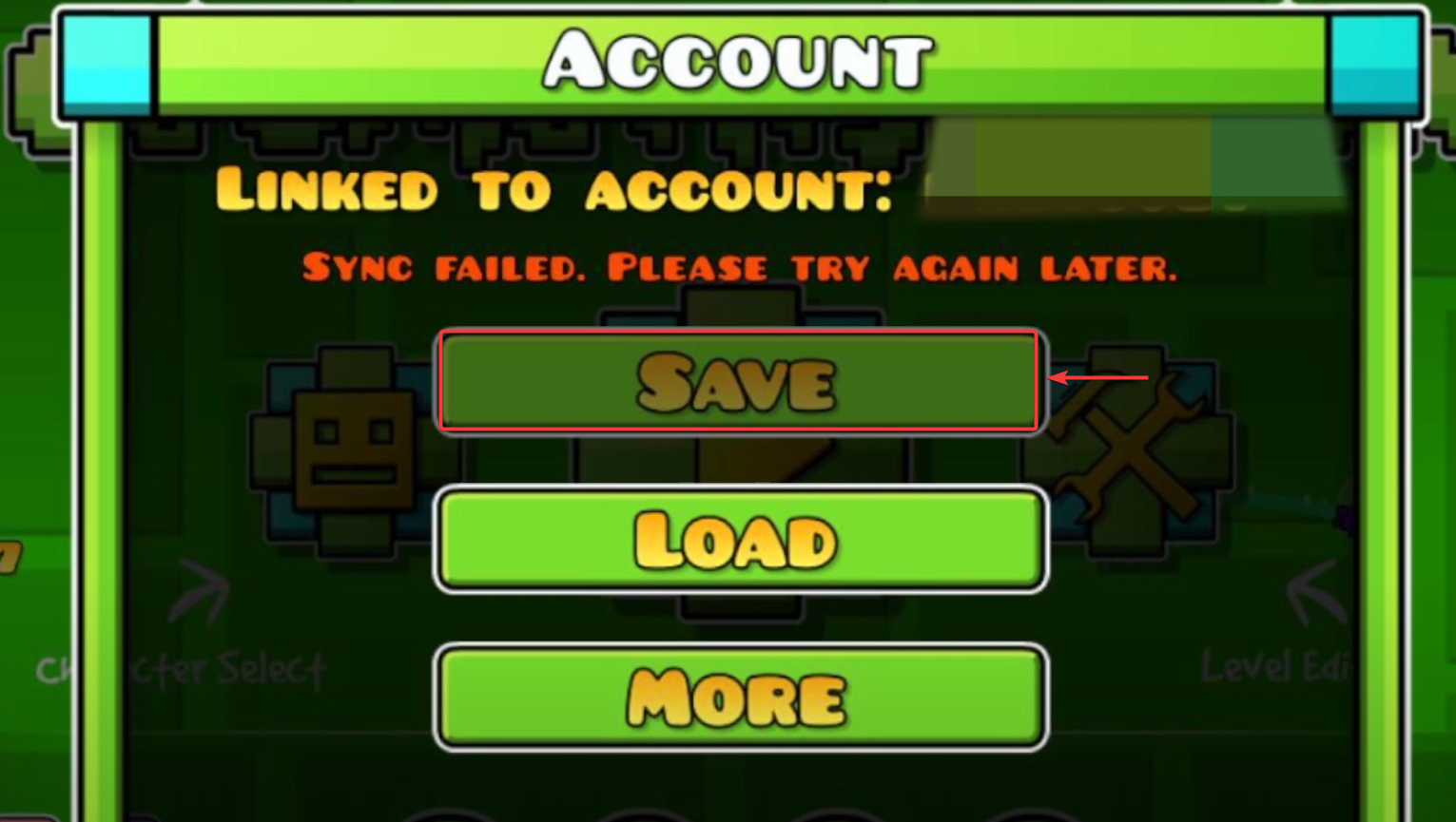 Geometry Dash Account menu showing Save option
