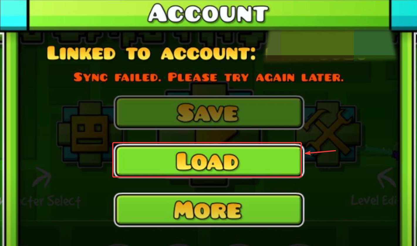 Geometry Dash Account menu showing Load option