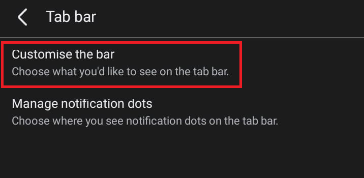 Customize the bar screen in Facebook tab bar settings.