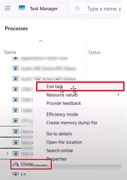 End DS4Windows processes in Task Manager