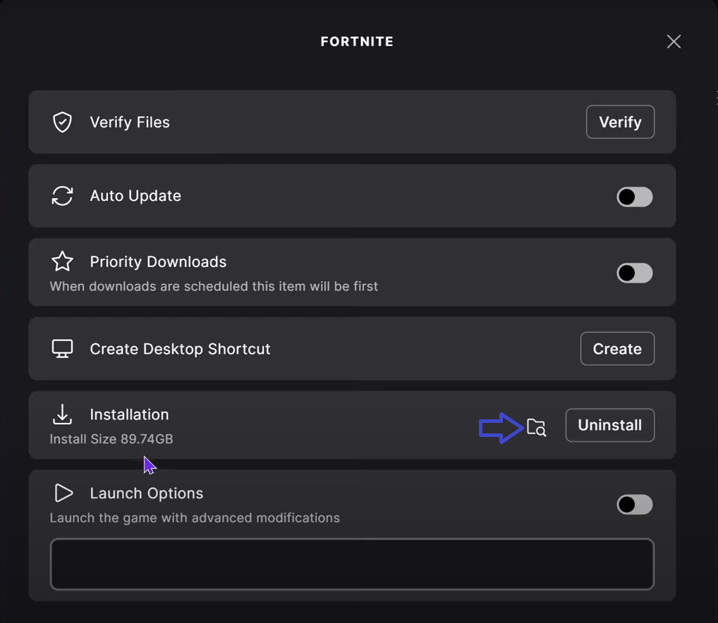 Folder option in Epic Games Launcher