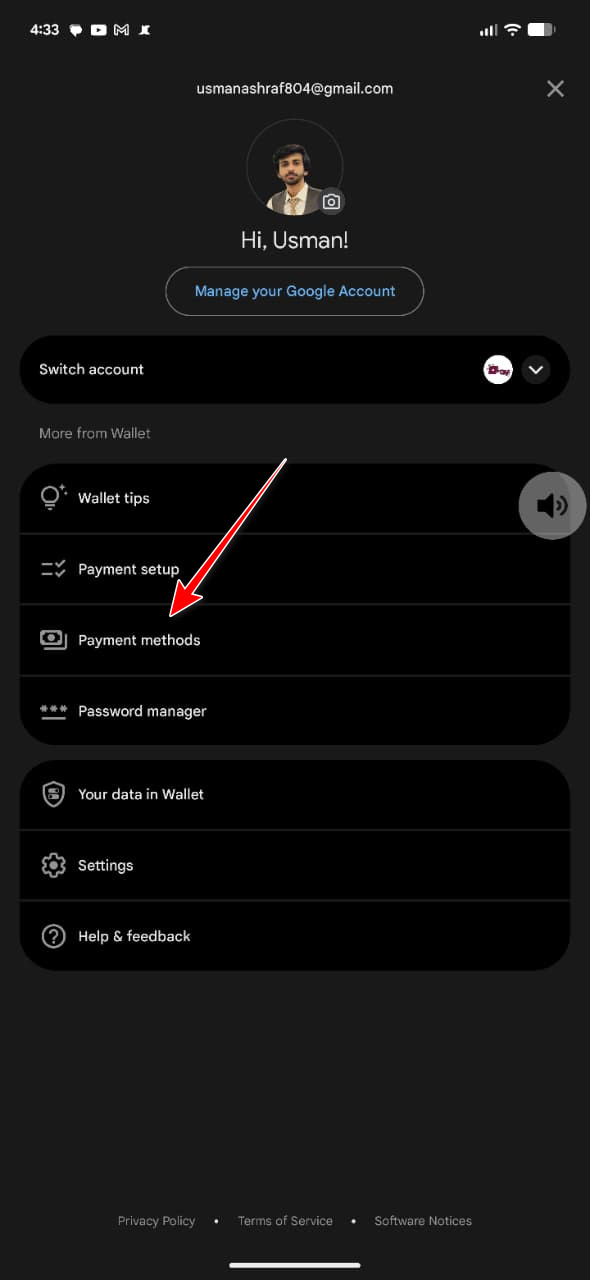 Google Wallet payment methods screen