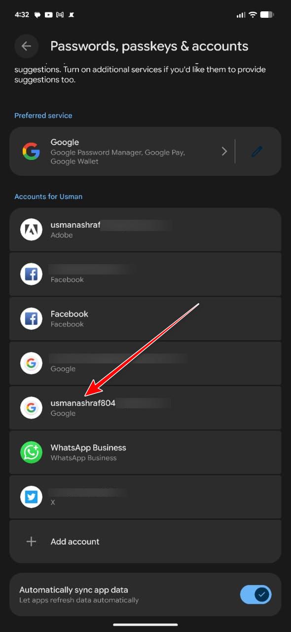 Select the secondary Google account