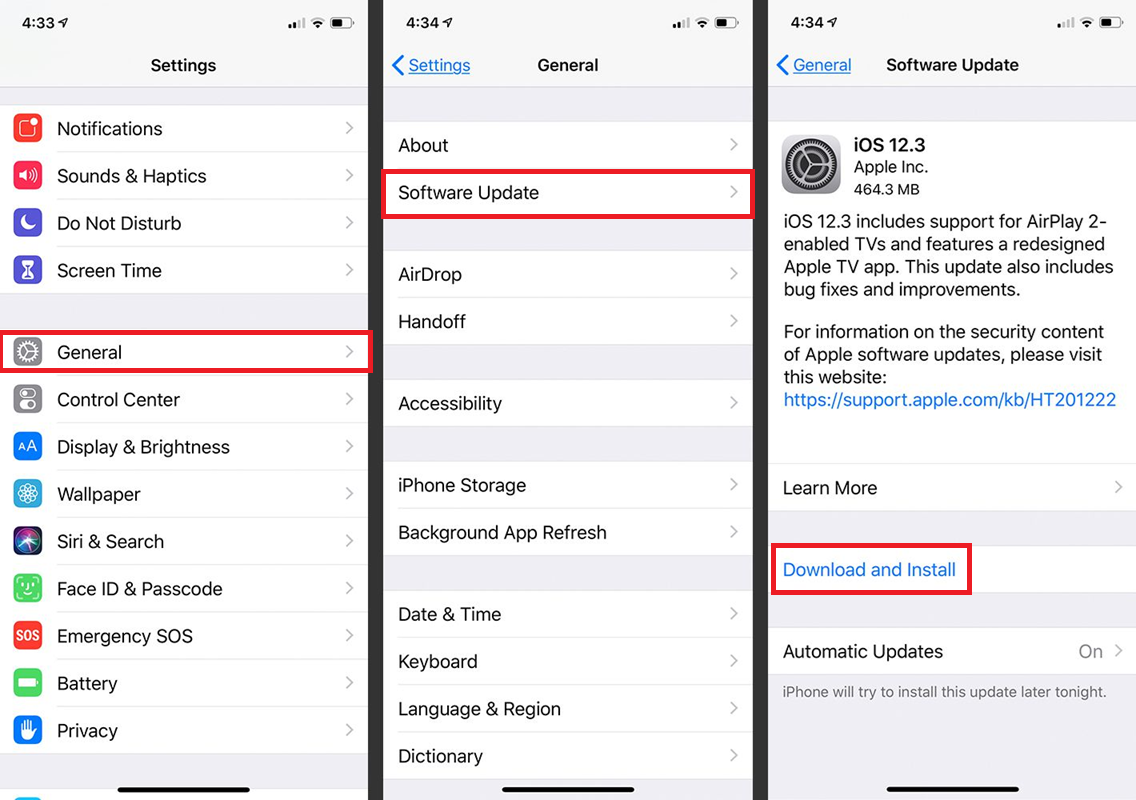 iOS Software Update screen showing Download and Install option.