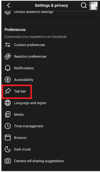 Tab bar option under Preferences in Facebook settings.