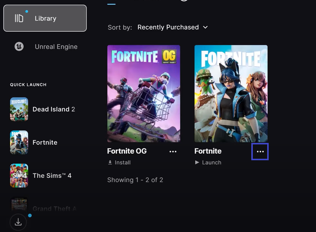 Three dots option in Epic Games Launcher