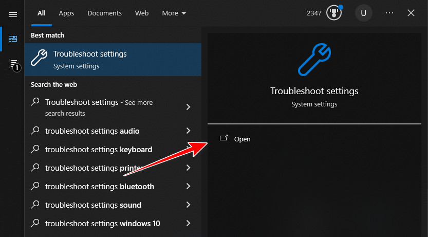 Windows troubleshooting settings