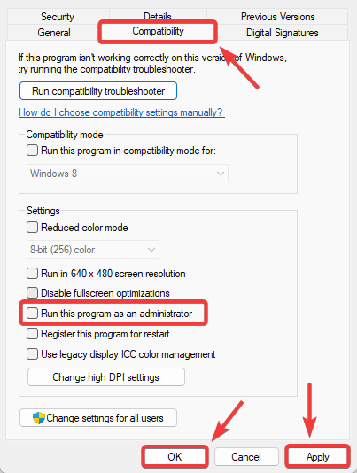 Disable Run as administrator in Compatibility settings